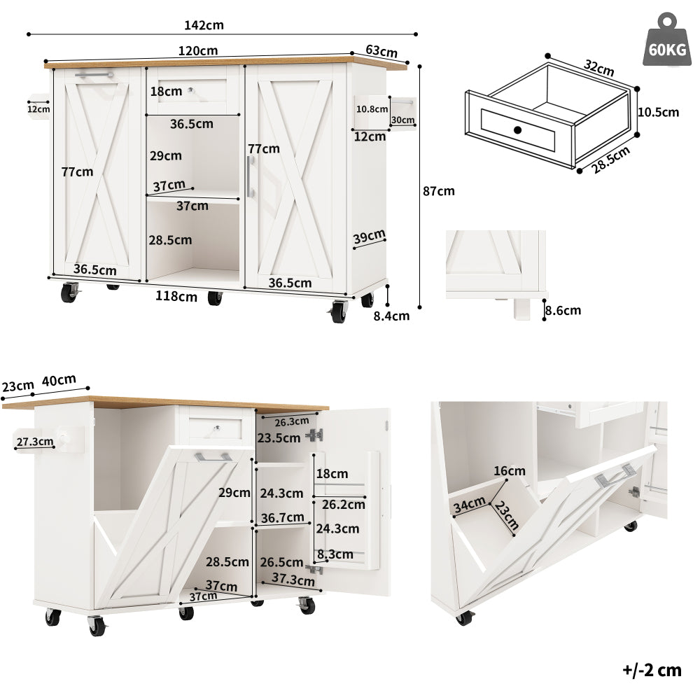 Large Kitchen Storage Cart with Drawer Organizer - Heavy-Duty Mobile Serving Cabinet, White Rolling Utility Trolley for Home Kitchen, Pantry, Dining Room - Space-Saving Design with Easy Assembly, Compact Furniture, Sturdy Con