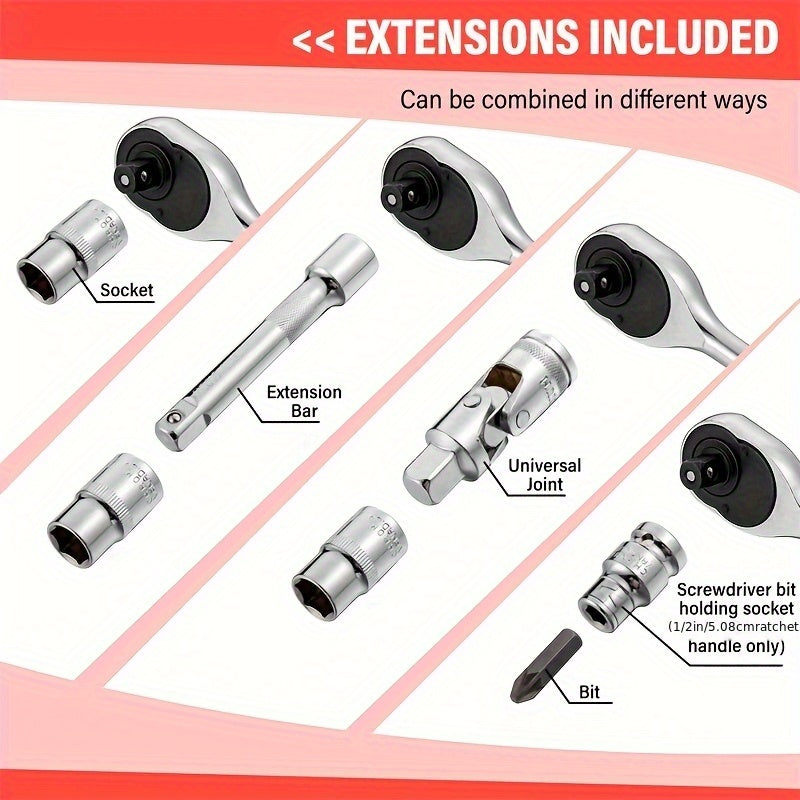 Dopsleutelset – Doppenset – Ratels – Sleutelset – Bitset – 216-delig – Omkeerbare Ratels 1/4", 3/8" & 1/2" – Robuust Metaal Met Koffer