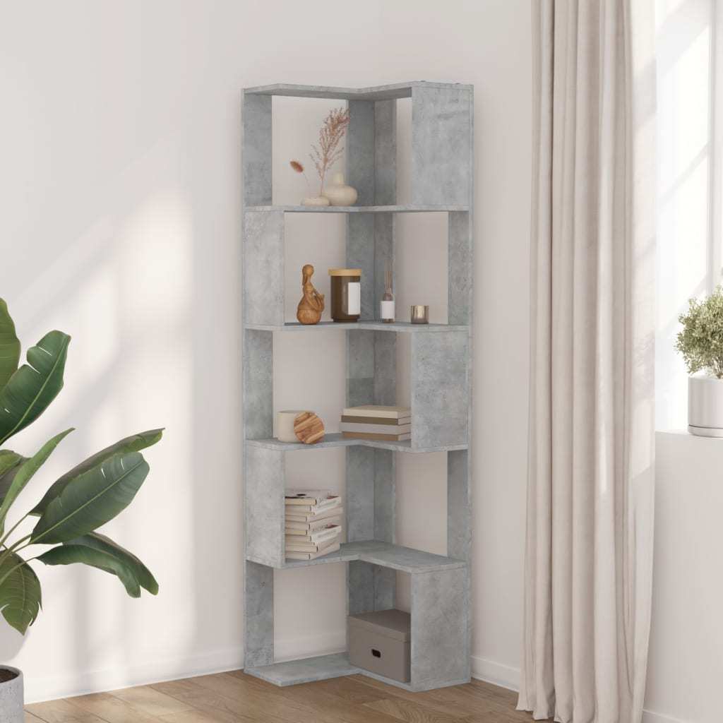 Hoekboekenplank – Boekenkast – Hoekkast – Wandrek – Opbergmeubel – Betonlook Grijs – 5 Planken – 50x50x179 cm – Hout en Kunstboard