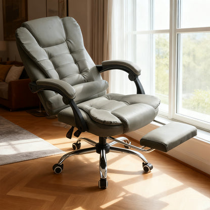 Bureaustoel – Werkstoel – Computestoel – Deskchair – Kantoorstoel – Hoogte Verstelbaar – Memory Foam Zitting – Uitschuifbare Voetensteun – Lederlook Bekleding – Donkergrijs