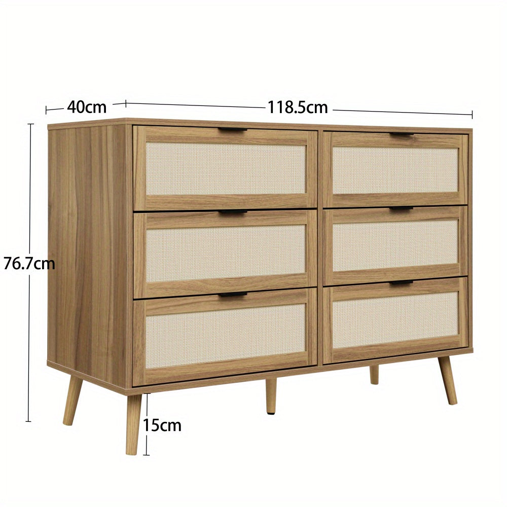 Ladekast – Ladenkast – Commode – Opbergkast – Dressoir – Walnootkleur – Rattan Ladefronten – 6 Lades – Stevige Dennenhouten Poten – 118,5 cm Breed