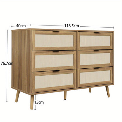 Ladekast – Ladenkast – Commode – Opbergkast – Dressoir – Walnootkleur – Rattan Ladefronten – 6 Lades – Stevige Dennenhouten Poten – 118,5 cm Breed