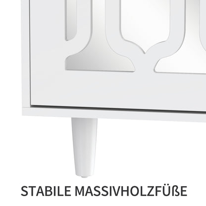 Dressoir – Sideboard – Opbergkast – Ladekast – Witte Spiegeldeuren – Kristalgrepen – 147,5x40x102 cm – Verstelbare Binnenplanken