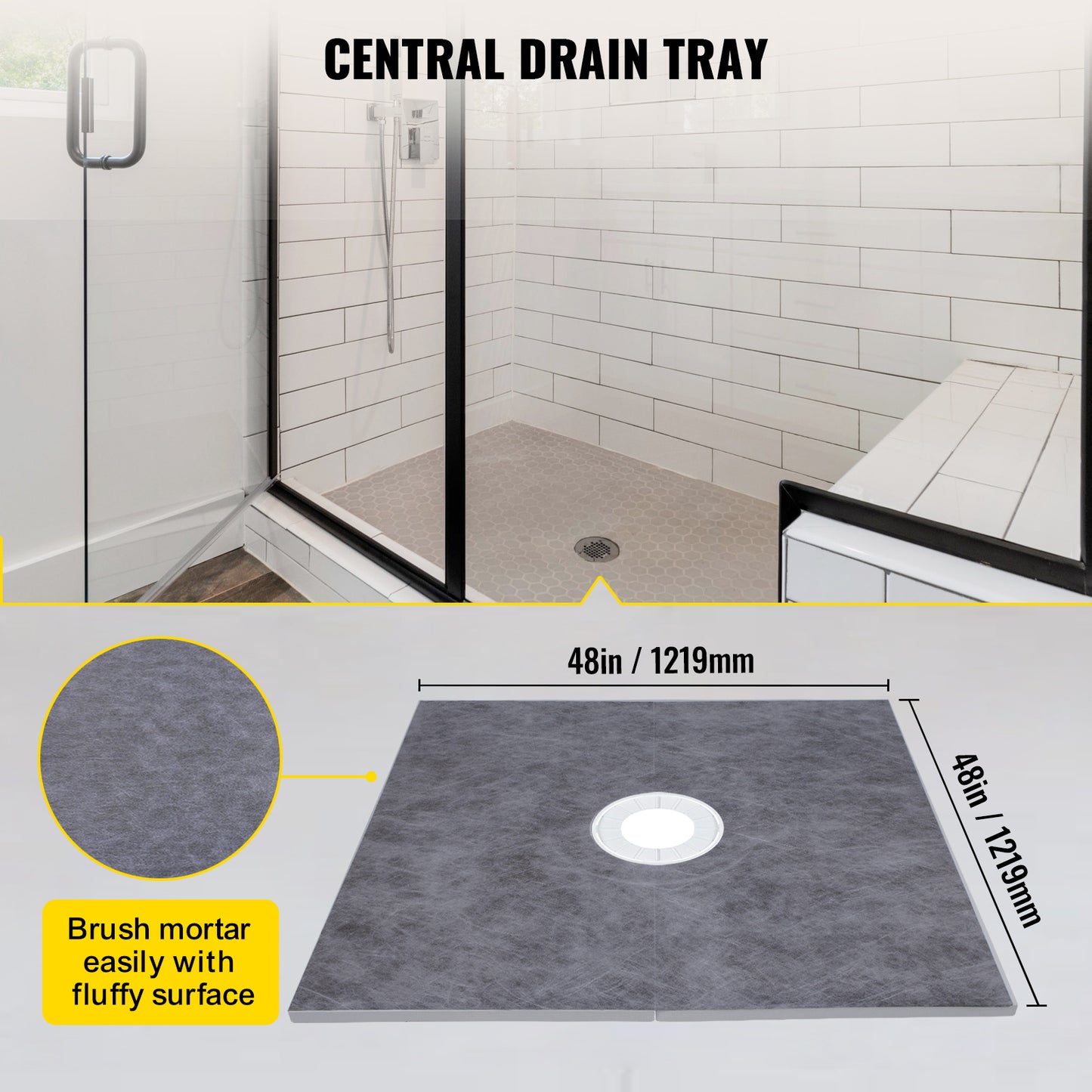Douchesysteem – Douchebak – Doucheset – Douchevloer – Douchebasis – EPS Schuim 1219x1219 mm – Waterdicht Met 5° Afschot En Roestvrij Stalen Afvoerrooster