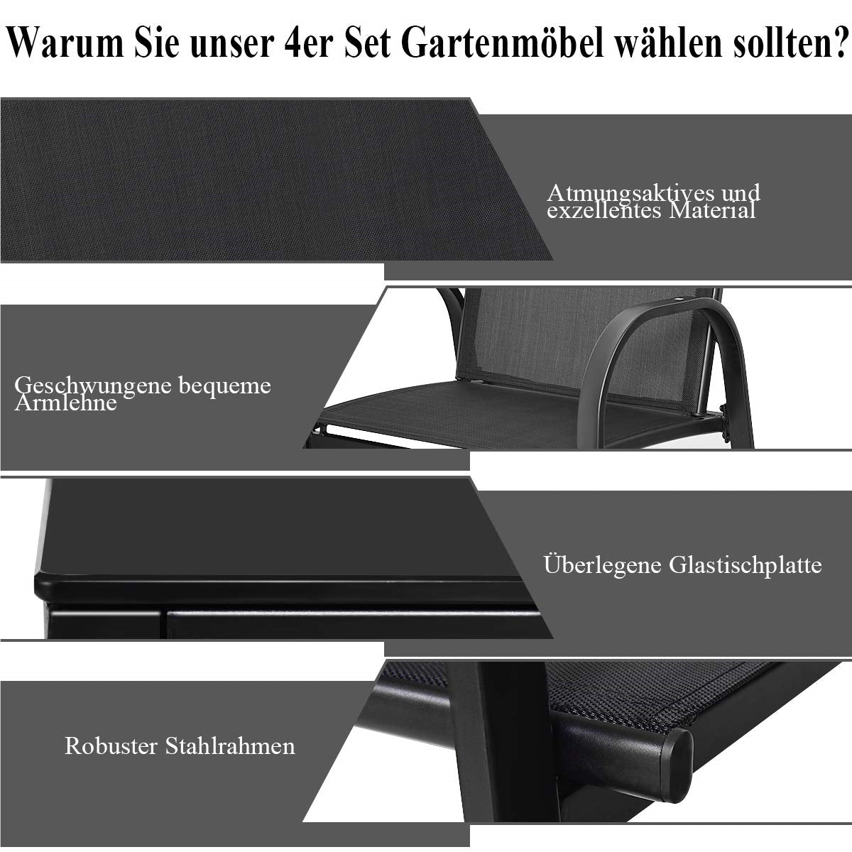 Tuinset 4-delig – Tuinmeubelset – Loungeset – Balkonset – Terrasmeubels – Zwart – Gehard Glas Tafelblad – Comfortabele Mesh Stoelen