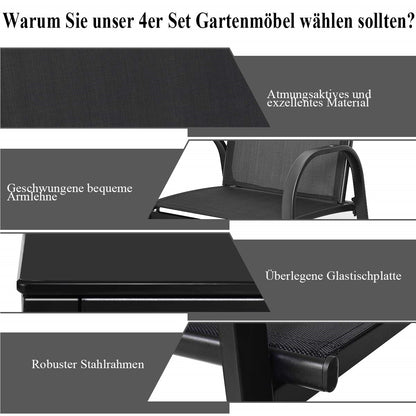 Tuinset 4-delig – Tuinmeubelset – Loungeset – Balkonset – Terrasmeubels – Zwart – Gehard Glas Tafelblad – Comfortabele Mesh Stoelen
