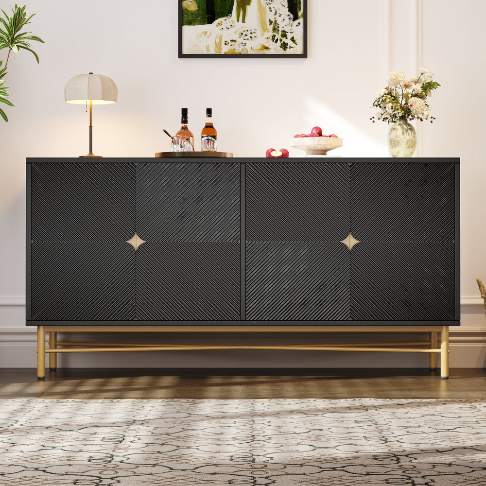 Extra Lange Kast – Dressoir – Sideboard – Opbergkast – Vitrinekast – 160 cm Breed – Zwart Spaanplaat – Vrijstaand Ontwerp – Gouden Handgrepen & Poten
