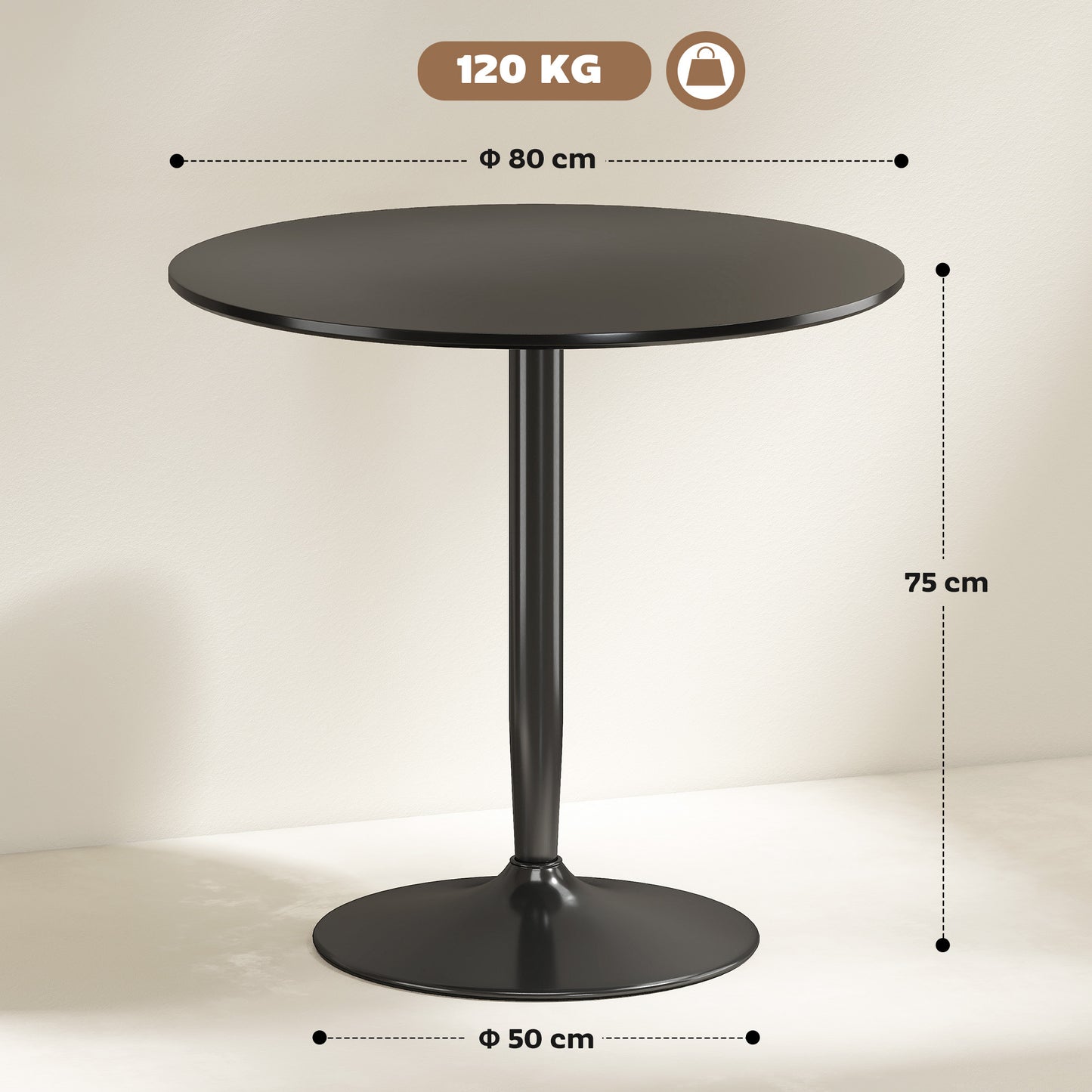 Eettafel – Ronde Tafel – Keukentafel – Klaptafel – Kleine Tafel – Compact 80 cm Ø – Staal Met Non-Slip Pootjes – Zwarte Afwerking