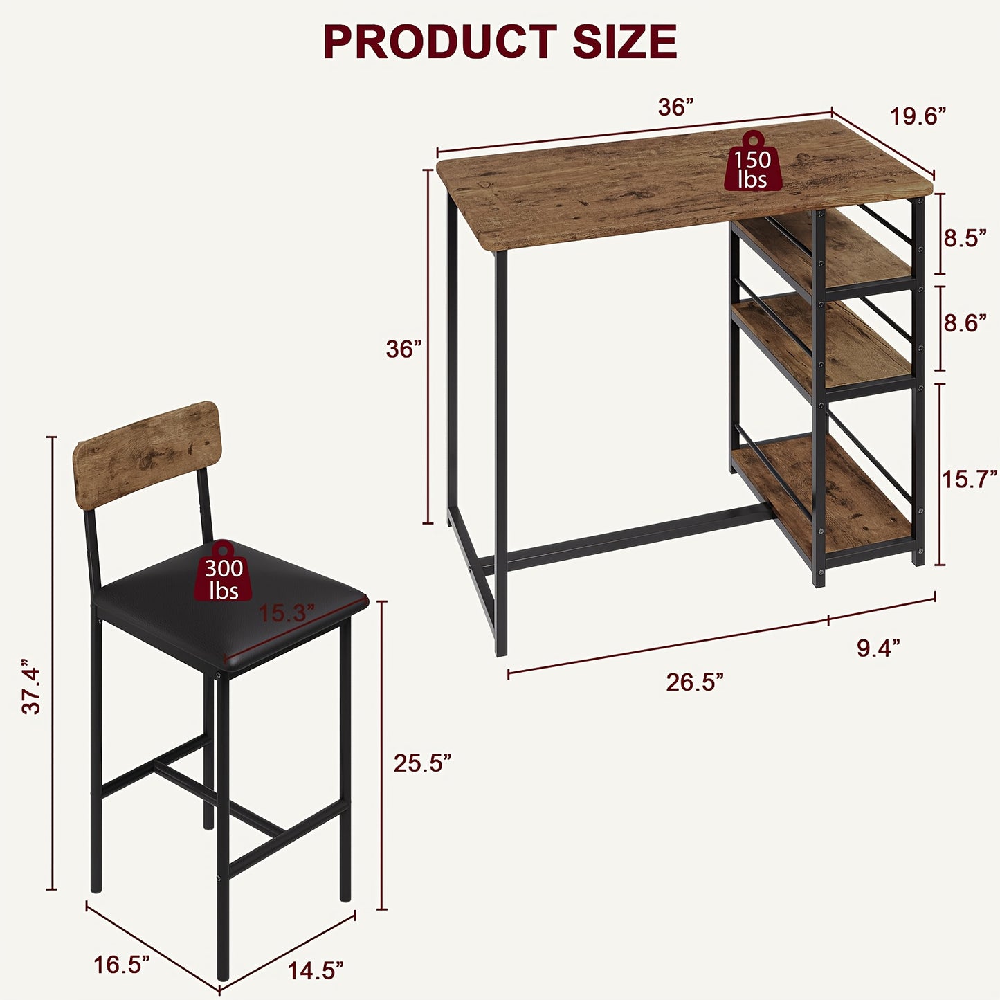 Retro Industriële Bar Set – Bistro Set – Keukentafel Met Stoelen – Barmeubel – Ontbijthoek Meubel – Compact 3-Delig – Duurzaam Hout En Metaal – Met 3 Niveaus Planken