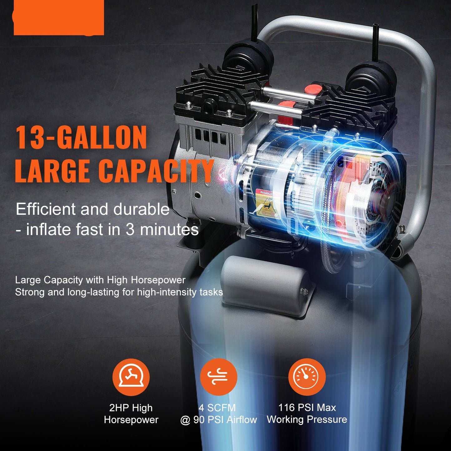 Luchtcompressor – Aircompressor – Compressor – Pneumatische Compressor – 13-Gallon – 2PK Motor – Olievrij – Stil 63 dB