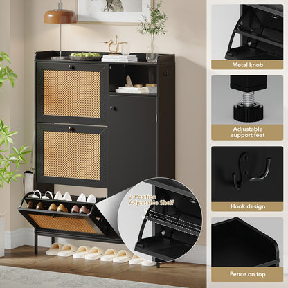 Schoenenkast – Schoenenrek – Schoenopberger – Schoenopbergkast – Smalle Schoenenkast – 3 Lagen Rattan Met Verstelbare Planken – Smal Design Voor Hal Of Slaapkamer