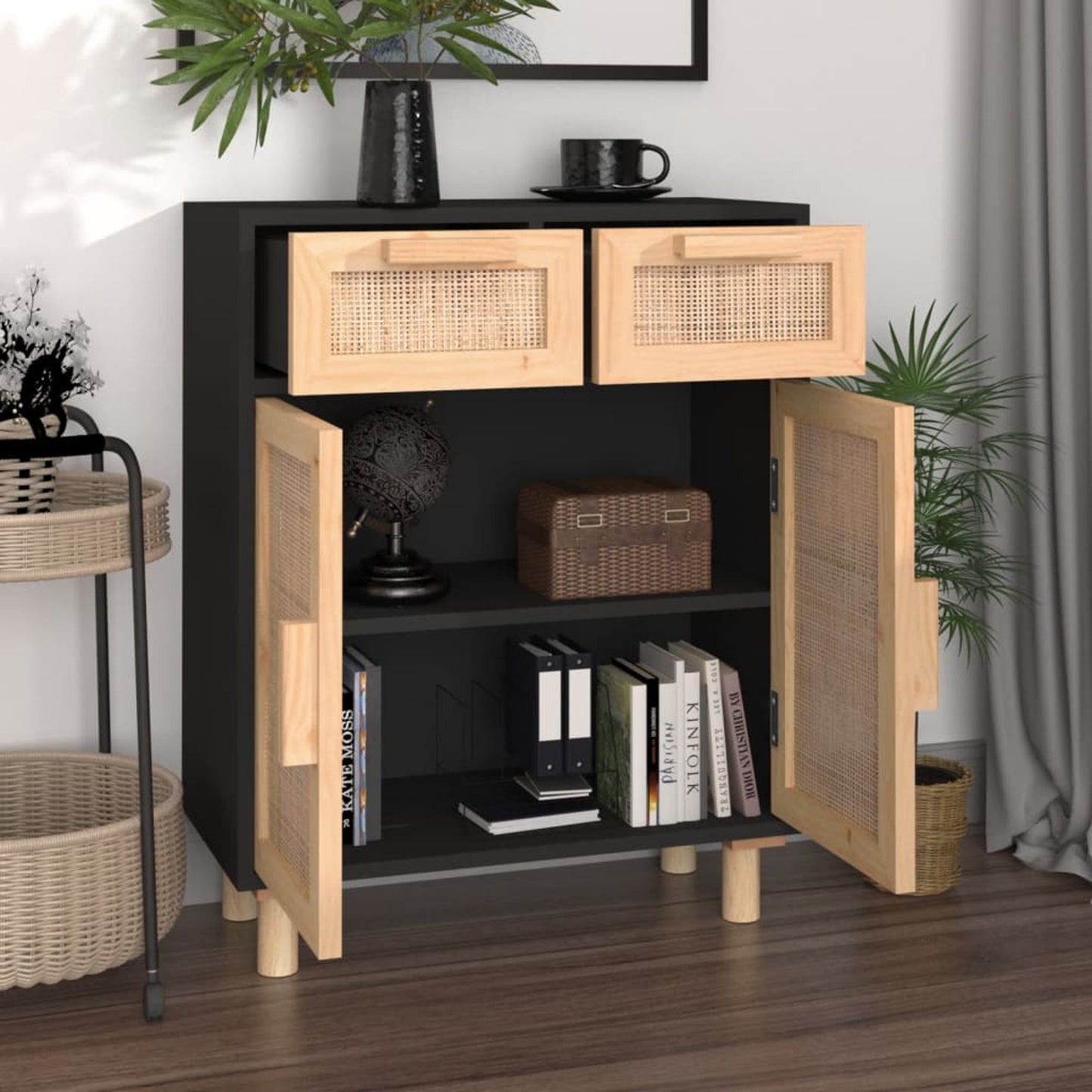 Dressoir – Opbergkast – Ladekast – Wandkast – Tv-meubel – Massief Den – Natuurlijk Rotan Accenten – Compact 60,96x30,48x74,93 cm