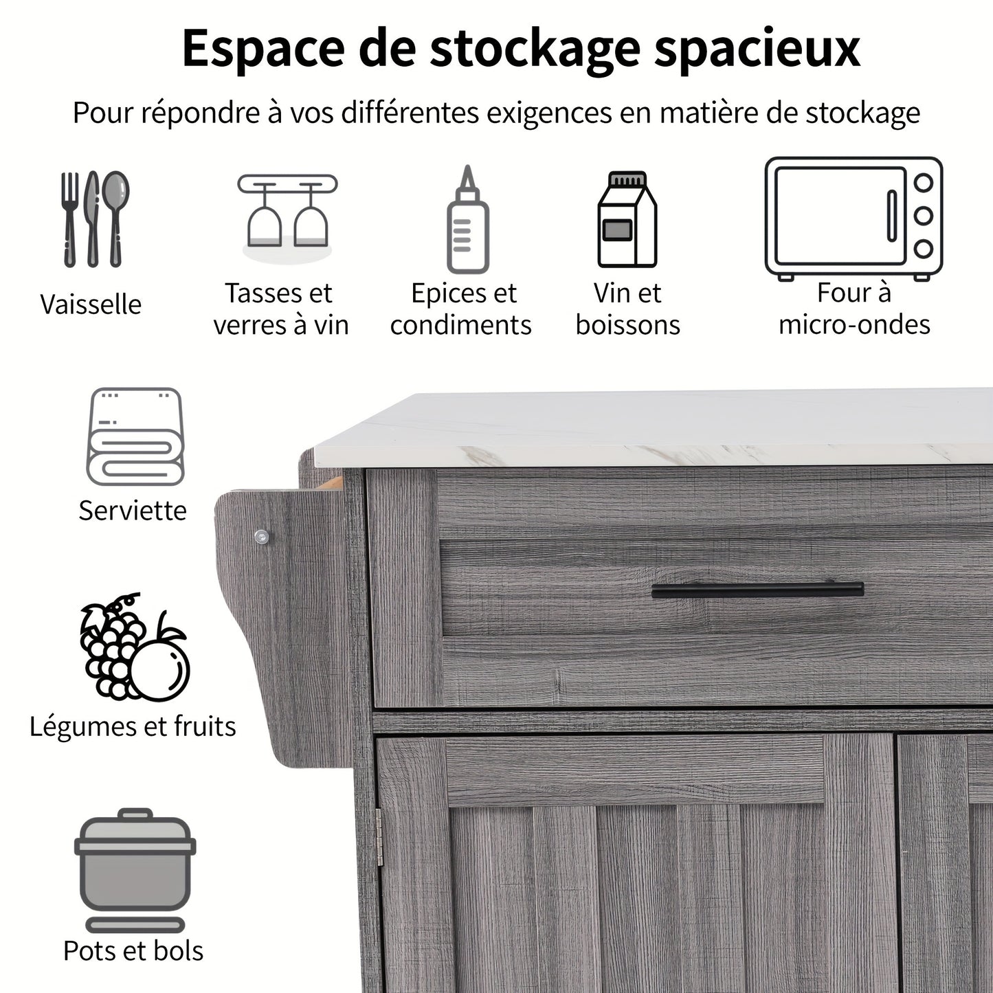 Eettafelkar – Dressoir – Opbergkast – Keukenwagen – Serveerwagen – Uitbreidbaar Marmeren Blad – Mobiel Met Wielen – Khaki Grijs Houtnerf – Massief Houten Poten