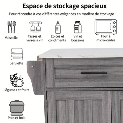 Eettafelkar – Dressoir – Opbergkast – Keukenwagen – Serveerwagen – Uitbreidbaar Marmeren Blad – Mobiel Met Wielen – Khaki Grijs Houtnerf – Massief Houten Poten