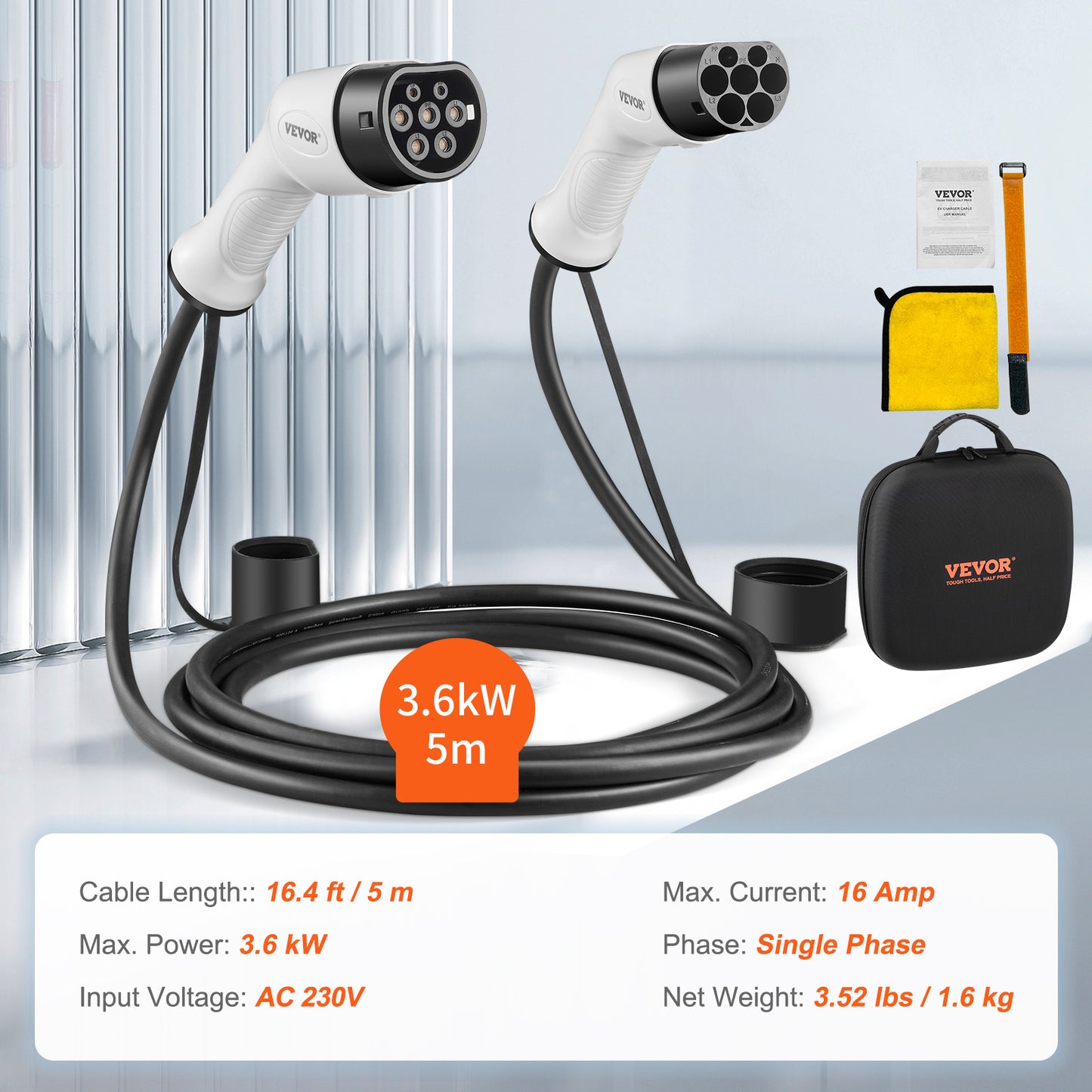 Type 2 Laadkabel – EV Laadsnoer – Elektrische Auto Kabel – Oplaadkabel – 5 Meter Kabel – 16A 3,6 kW – Duurzaam TPU Materiaal