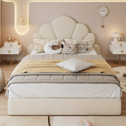 Tweepersoonsbed – Bed – Slaapbed – Logeerbed – Bedframe – Beige Bamboe Frame – Bloemblad Hoofdbord – Compact 140x200 cm – Eenvoudige Montage