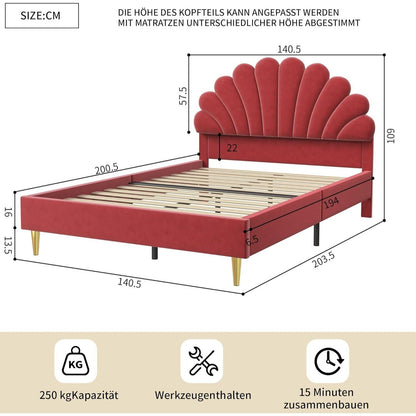 Bedbodem 140x200 cm – Bedframe – Slaapkader – Plattformbed – Boxspringbed – Bordeaux Velvet Bloemenhoofdeinde – Stevig Massief Houten Frame – Geen Boxspring Nodig