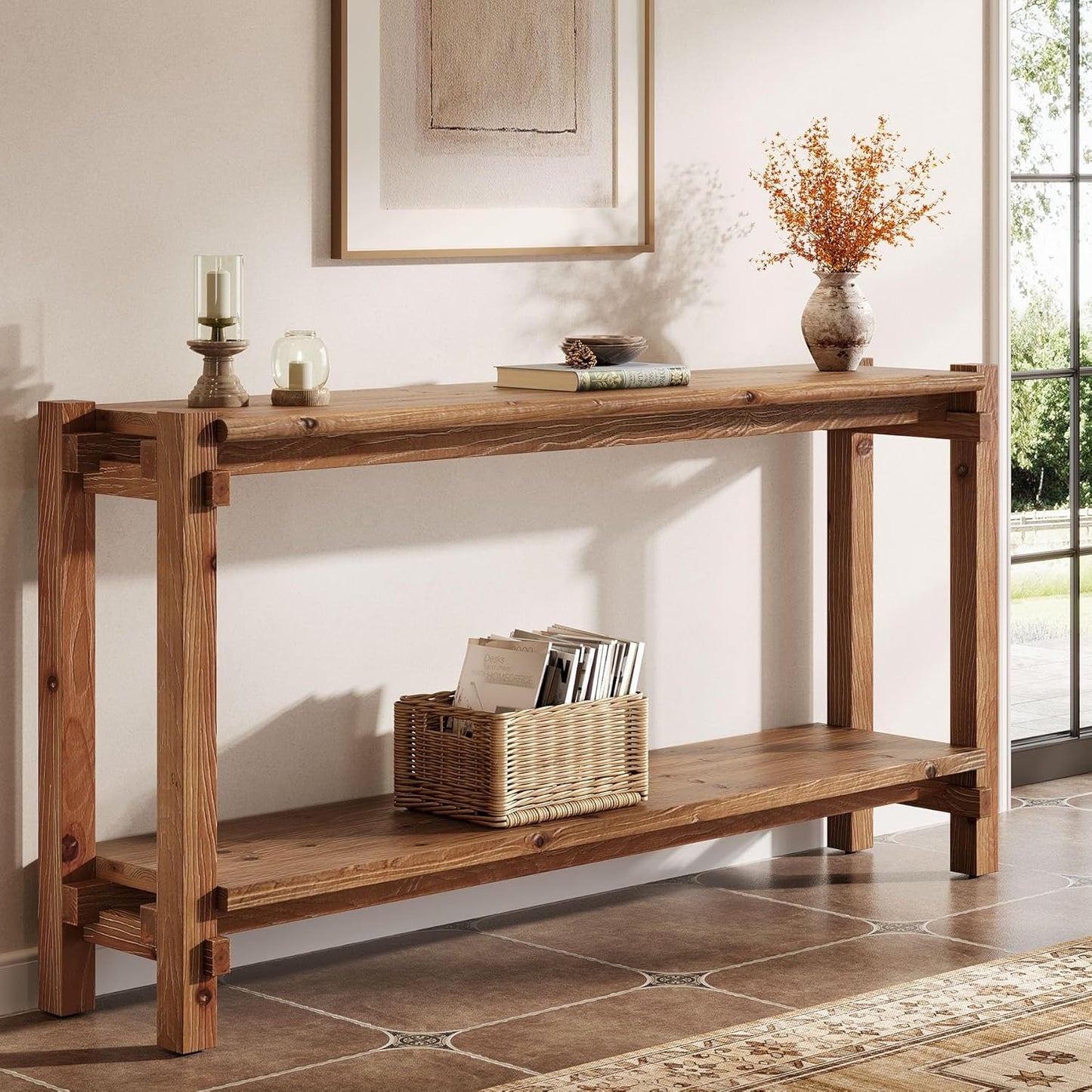 Console table, 160cm long, 2-tier entryway table, coffee table with storage, farmhouse wood back coffee table for living room, hallway (brown)