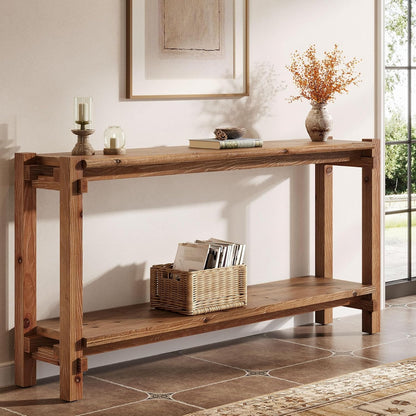 Console table, 160cm long, 2-tier entryway table, coffee table with storage, farmhouse wood back coffee table for living room, hallway (brown)