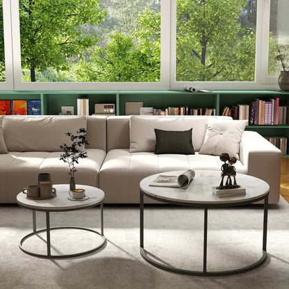 Salontafel Set – Bijzettafels – Ronde Tafel – Stapelbare Tafels – Woonkamer Tafels – 2-delig – Stalen Poten – Natuurlijke Look – Groot 80x45 cm & Klein 60x35 cm