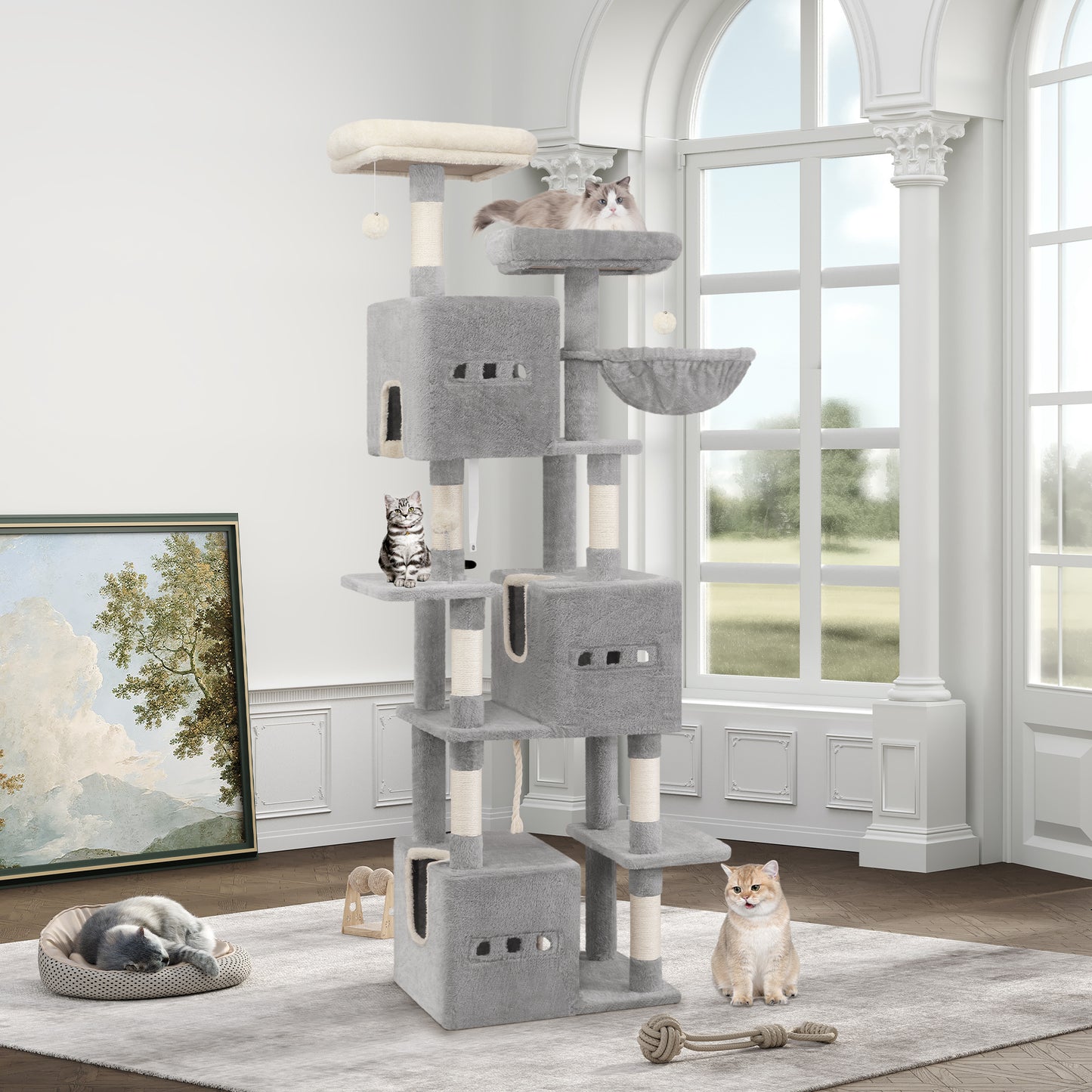 Krabpaal – Kattenboom – Krabmeubel – Kattenhuis – Kattentoren – 193 cm Hoog – Moderne Lichtgrijs – 7 Niveaus – Sisal Krabpalen – 2 Uitkijkplatforms – 3 Holletjes – 2 Wasbare Kussens