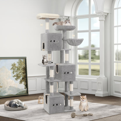 Krabpaal – Kattenboom – Krabmeubel – Kattenhuis – Kattentoren – 193 cm Hoog – Moderne Lichtgrijs – 7 Niveaus – Sisal Krabpalen – 2 Uitkijkplatforms – 3 Holletjes – 2 Wasbare Kussens