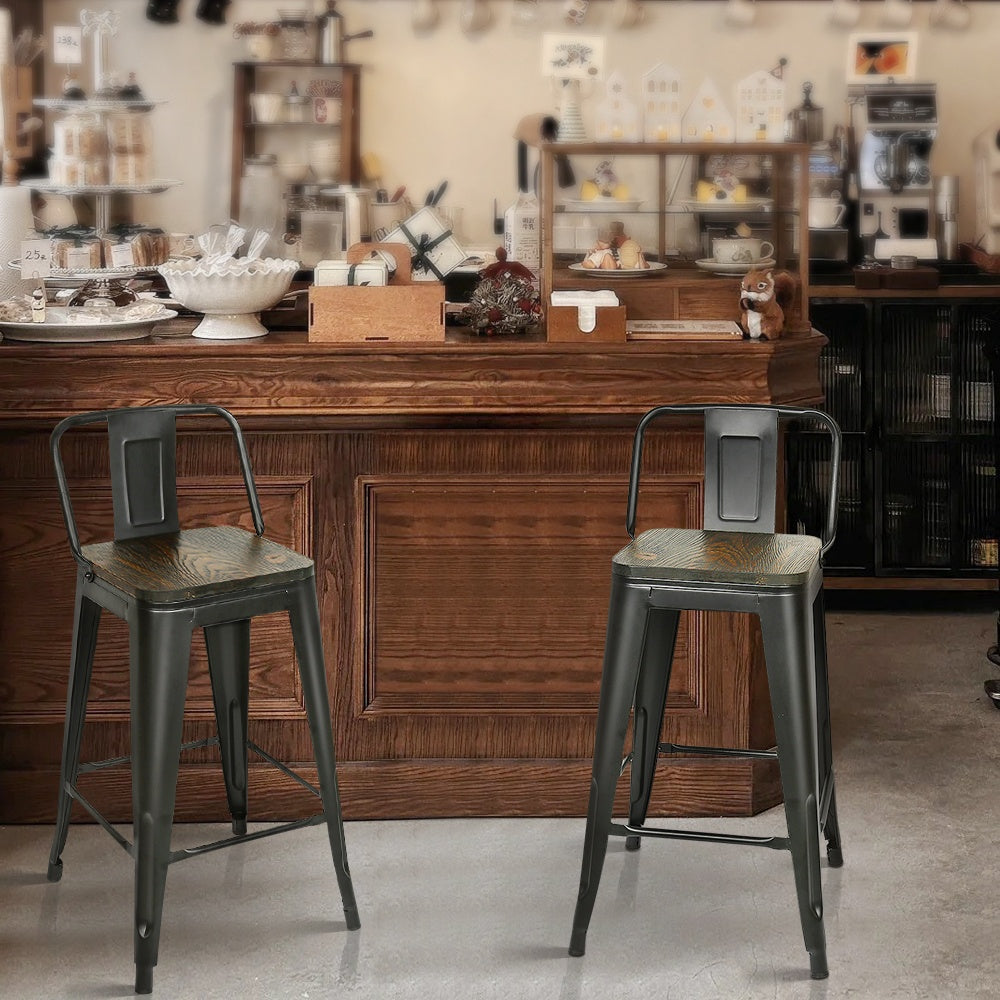 Barkrukken – Barstoelen – Keukenstoelen – Barkruk Set – Hoge Barkrukken – Vintage Industrieel Design – Hardhouten Zitting – Metalen Onderstel – Set van 4 – Zithoogte 63,5 cm – Eenvoudig te Monteren