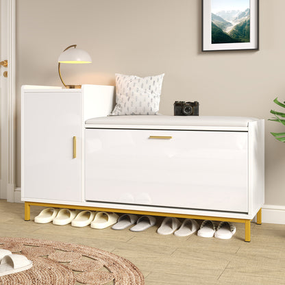Schoenenkast – Schoenenopberger – Schoenentoren – Schoenmeubel – Schoenenrek – Modern Wit Met Gouden Accenten – Ruimtebesparend 100x38x68 cm – Met Zitting En Verborgen Uittrekbare Schoenlade