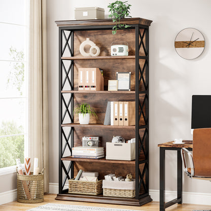 6-story bookshelf, 180cm high industrial bookshelf, floor standing 6-storey display rack and storage rack, suitable for large capacity storage racks in home offices, living rooms, study rooms, and bedrooms, available in brown