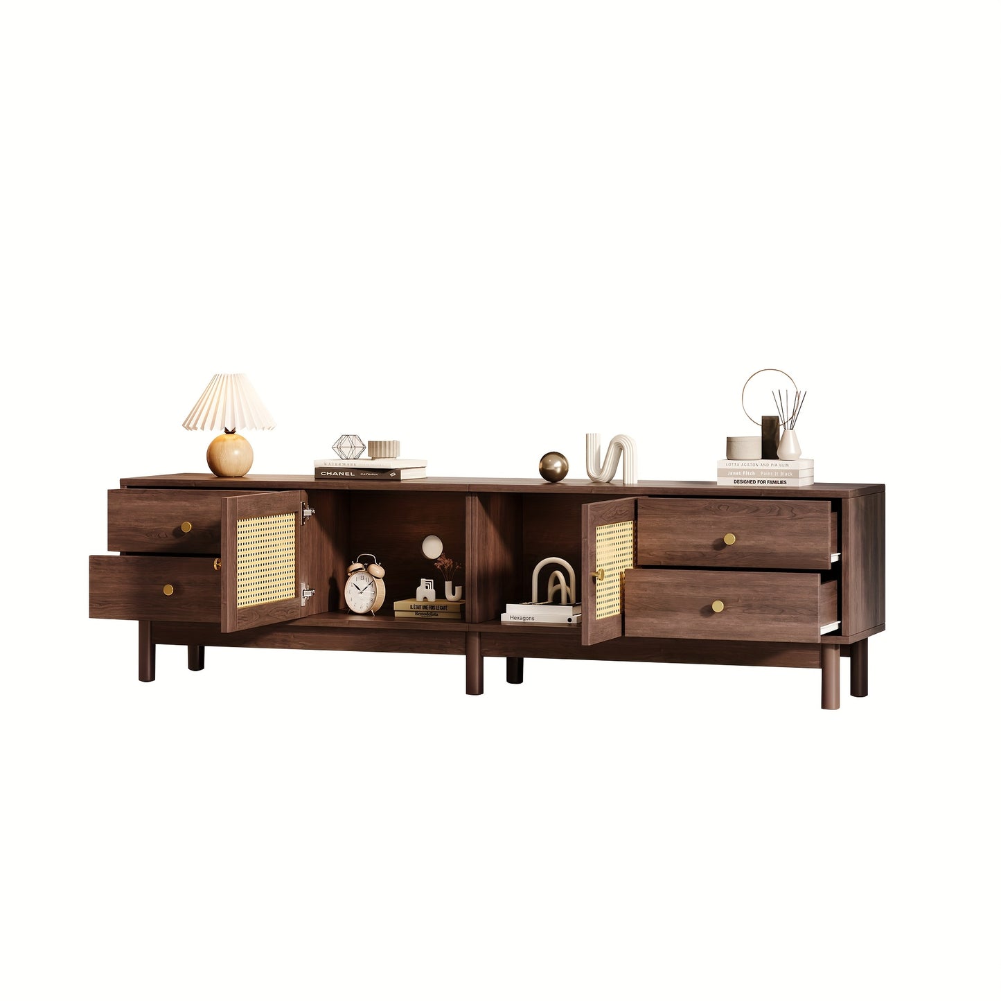 Modern TV Stand Compatible for 80-Inch TVs, Metal Frame with Dark Wood Grain, 2 Rattan Doors & 4 Drawers, Cable Management System & Hydraulic Hinge Doors - Media Console