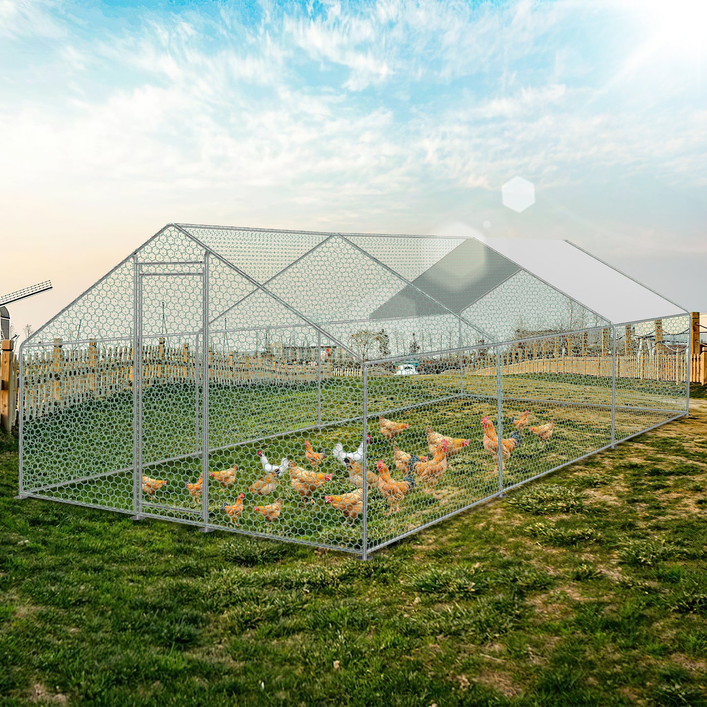 Chicken Coop Free-Range Free-Range Enclosure Animal Run Galvanized Outdoor Pen Cage for Chickens Waterproof Animal Enclosure Rabbit Cage Aviary Chicken House Chicken Cage PE Roof (Polyethylene Roof) Chick Coop Outdoor Enclosu
