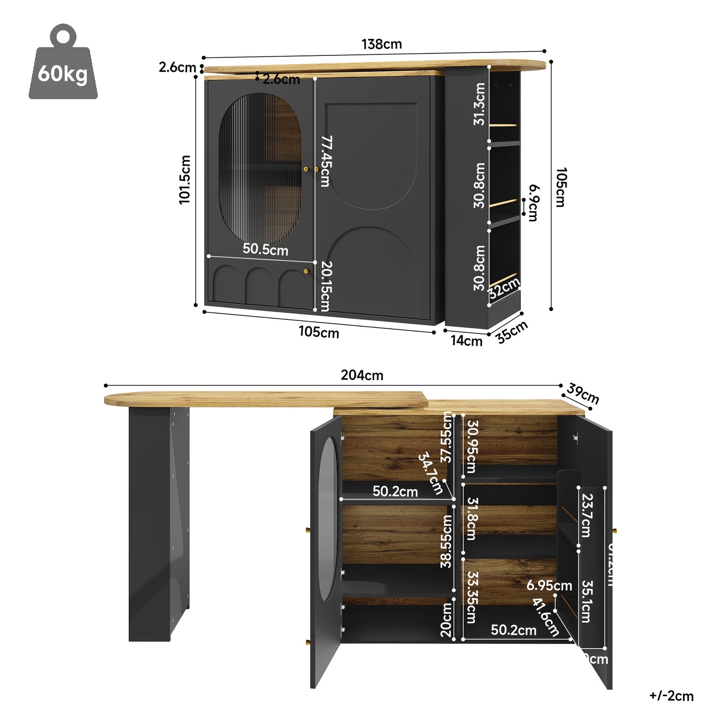 Barkast – Wijnrek – Drankkast – Bartafel – Keukentrolley – 360° Draaibaar – MDF Metalen Frame – 138x39x105 cm – 3 Deuren Met Uitneembare Scheidingswanden