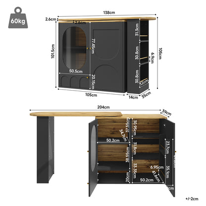 Barkast – Wijnrek – Drankkast – Bartafel – Keukentrolley – 360° Draaibaar – MDF Metalen Frame – 138x39x105 cm – 3 Deuren Met Uitneembare Scheidingswanden