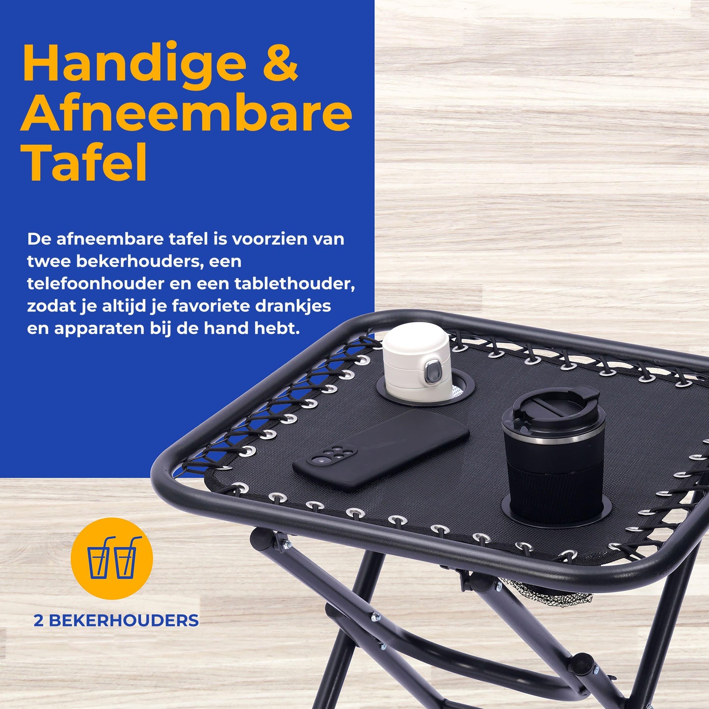 Loungestoel – Lounger – Relaxstoel – Tuinstoel – Fauteuil – Verstelbaar – Inclusief Bijzettafel met 2 Bekerhouders - Zwart