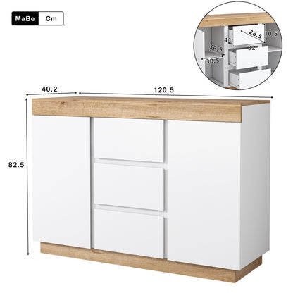 Merax Dresser with 3 Drawers and 2 Doors, Lockable Compartment, Storage Function, for Bedroom and Living Room, E1 Chipboard, White+Oak