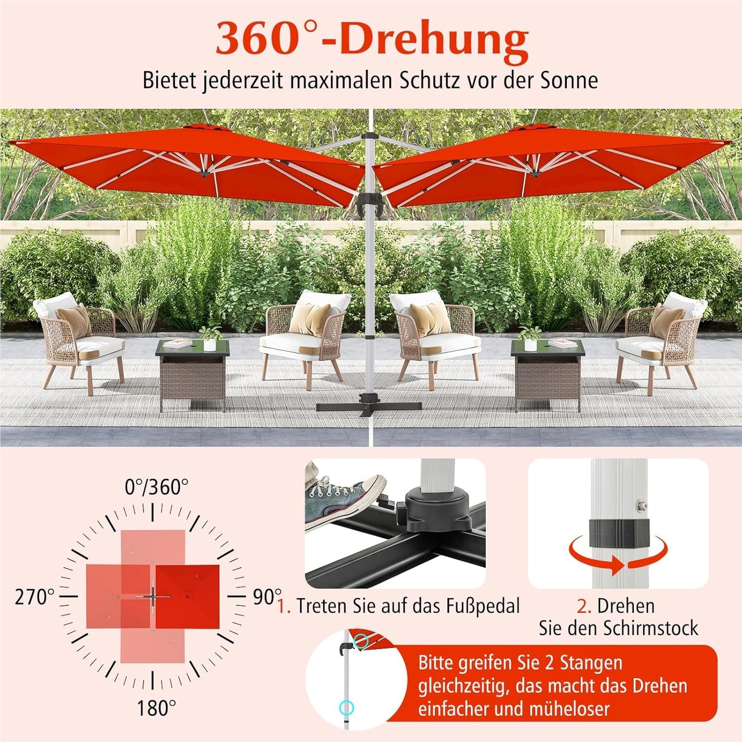 Rechthoekige Parasol – Terrasparasol – Tuinparasol – Marktparasol – Vlagparasol – 300 x 300 cm – 360° Draaibaar – Verstelbare Kantelfunctie – Rood