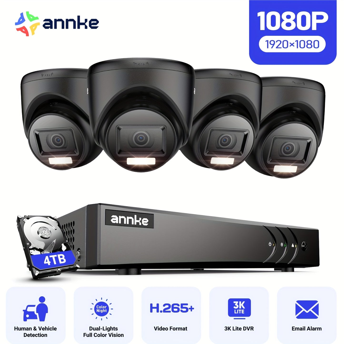 16-kanaals Beveiligingsset – CCTV Camerasysteem – Beveiligingscamera – Camera Systeem – Surveillance Set – 4x 1080P Turret Camera’s – 4TB HDD Opslag – Nachtzicht 30m – Mens- en Voertuigdetectie