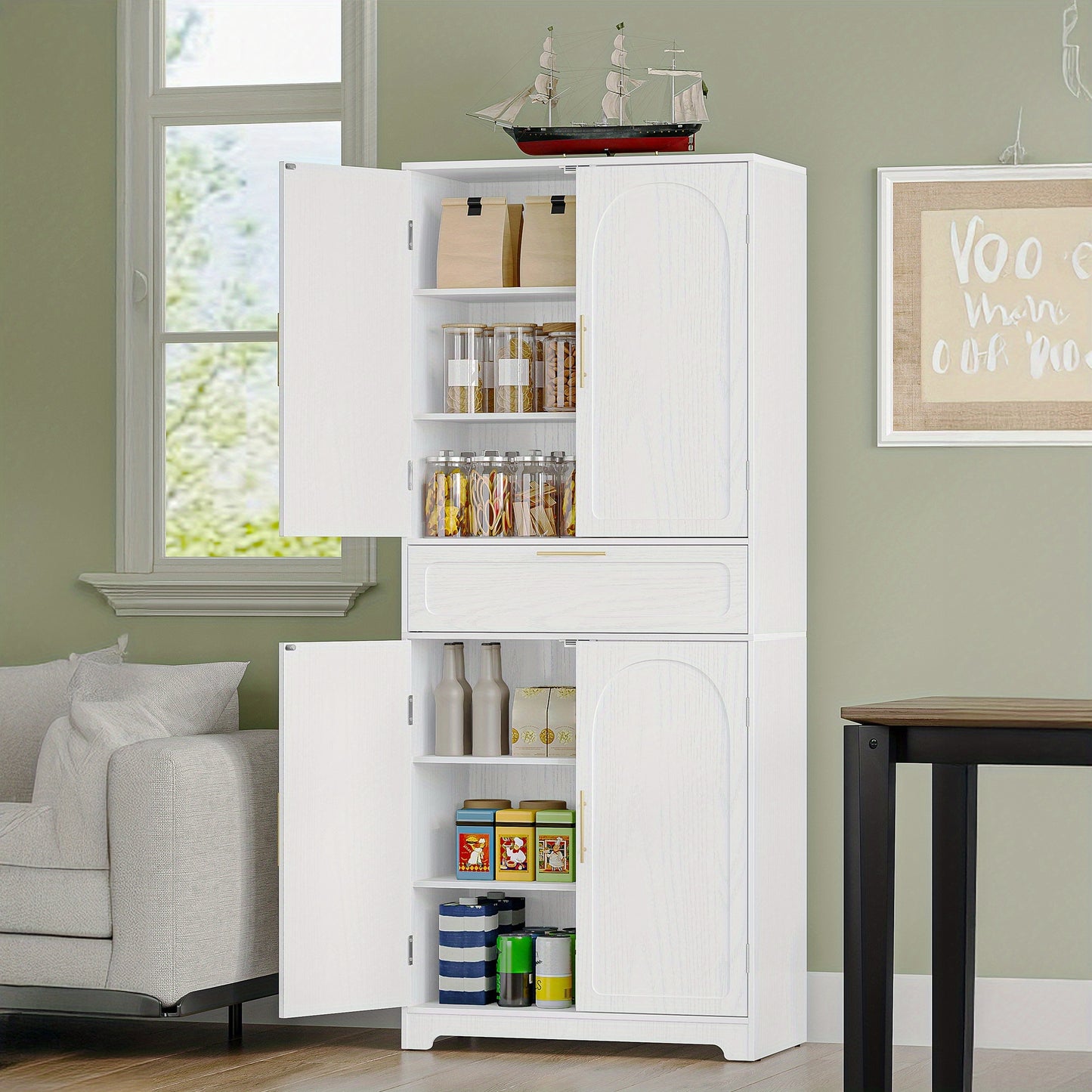 Kast – Opbergkast – Buffetkast – Keukenkast – Hoge Kast – 4 Deuren Met Grote Lade – Verstelbare Planken – Wit Spaanplaat