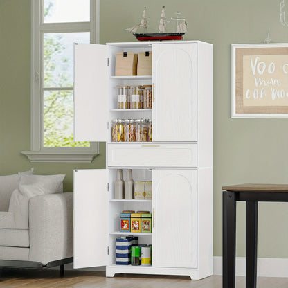 Kast – Opbergkast – Buffetkast – Keukenkast – Hoge Kast – 4 Deuren Met Grote Lade – Verstelbare Planken – Wit Spaanplaat