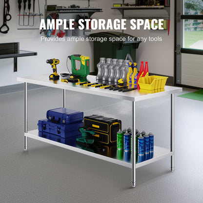 RVS Werktafel – Werkbank – Werkblad – Keukentafel – Werkplek – Roestvrij Staal SUS201 – 183x76x86 cm – 3 Verstelbare Legplanken