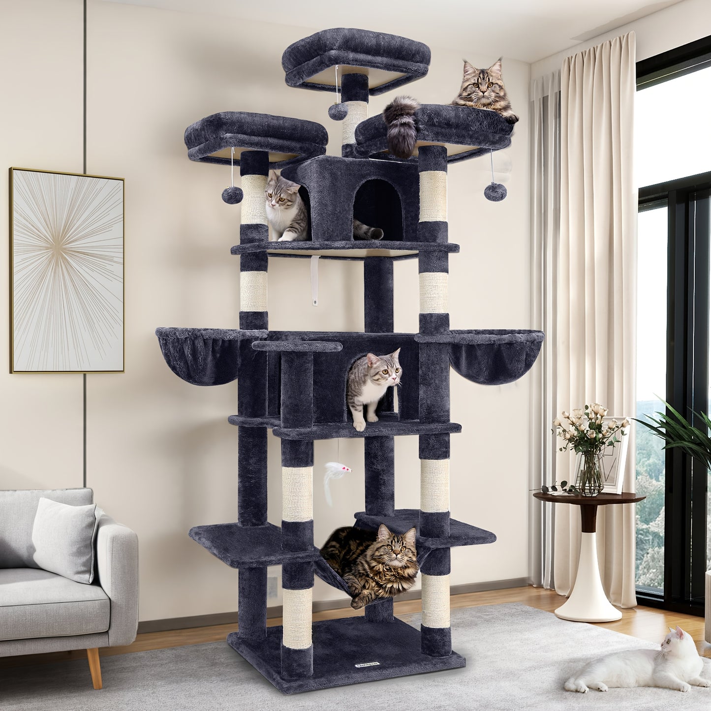 XXL Kattentoren – Kattenboom – Krabpaal – Klimtoren – Kattenhuis – Donkergrijs 203 cm Hoog – Ruim Speelparadijs Voor Meerdere Katten – Inclusief Krabpalen En Hangmanden