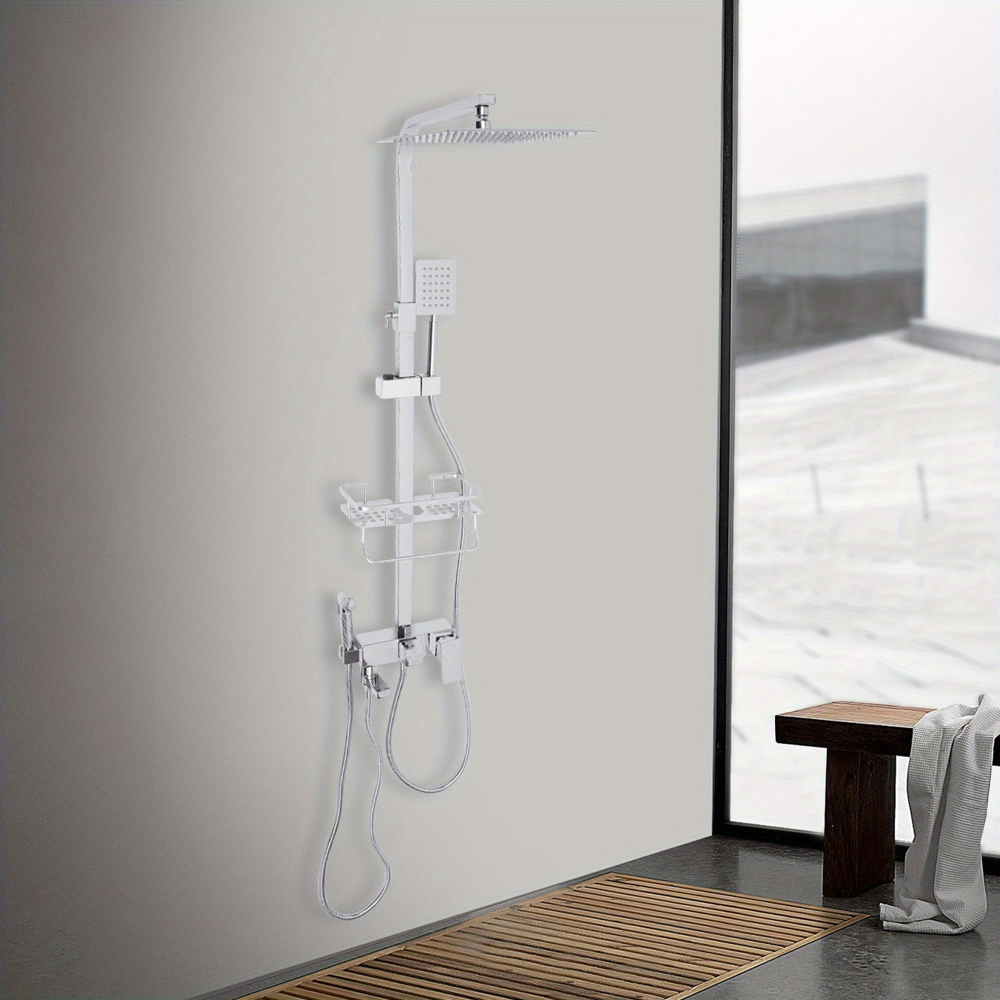 Douchekraan Set – Regendouche – Handdouche – Douchethermostaat – Doucheset Met Mandje – Verstelbare Hoogte 73-116 cm – 360° Swivel Rain Shower & Air Boost Technologie