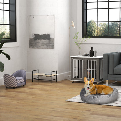 Hondenbench – Hondenkooi – Transportbench – Hondenhok – Dierenbench – Vergrendelbare Hondenbench – Stevig Houten Frame – Verstelbare Voetjes – Grijs-Witte Kleur