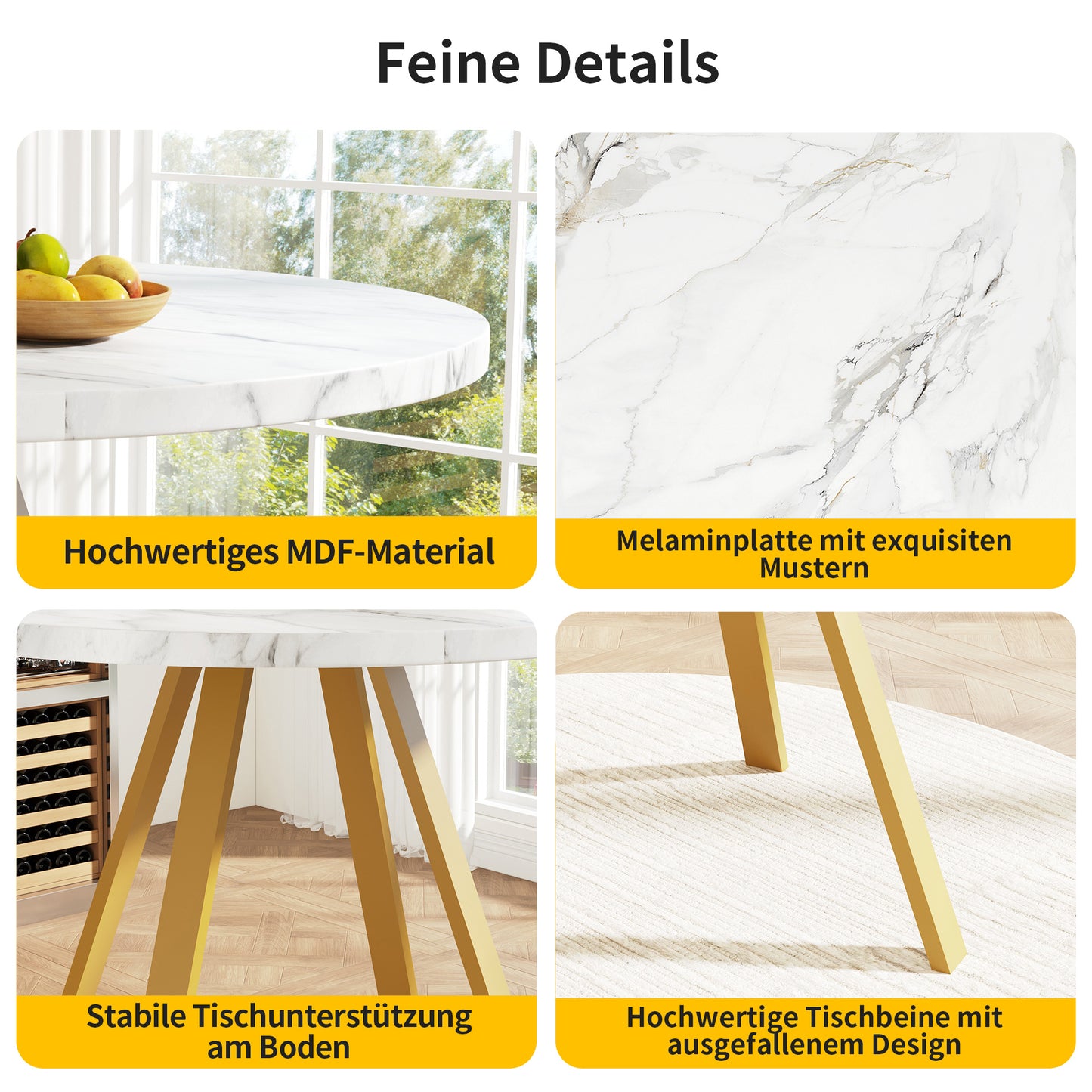 Ronde Eetkamertafel – Eettafel Rond – Design Tafel – Marmerlook Tafel – Kleine Tafel – Goud Metalen Frame – 80 cm Diameter – Geschikt Voor 2-4 Personen