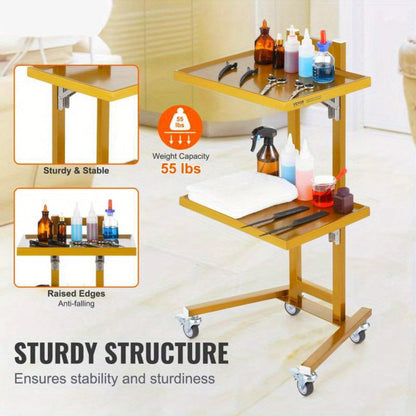 Mobiele Trolley – Labwagen – Werkwagen – Servicekar – Transportkar – Roestvrij Staal Heavy-Duty – Gouden Afwerking – Twee Etages – Geruisloze Wielen