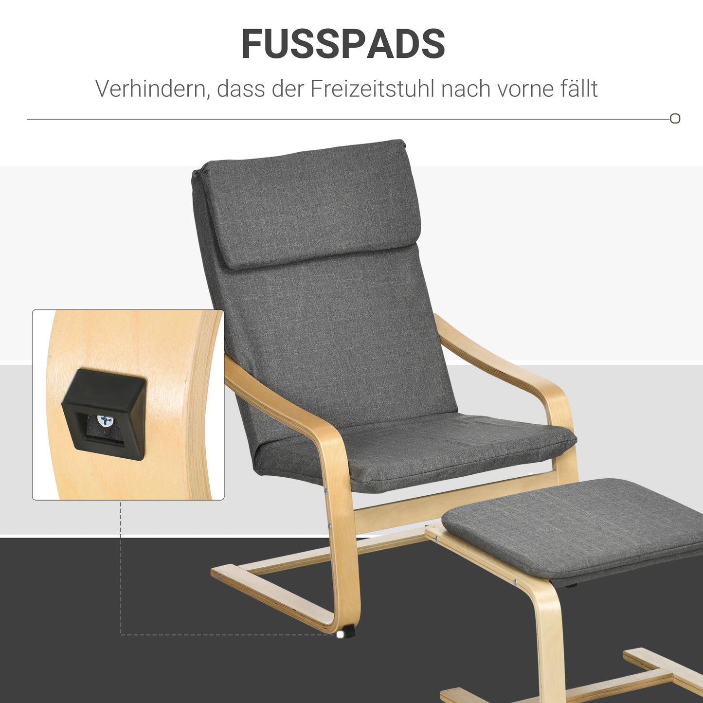 Fauteuil – Relaxstoel – Leunstoel – Zitzak – Armstoel – Met Voetenbank – Linnen Look – Massief Hout – Draagvermogen 120 Kg – Grijs/Natuurlijk