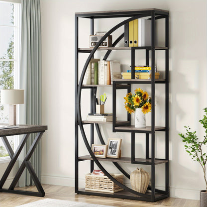 Boekenkast – Vakkenkast – Boekenrek – Opbergkast – Wandkast – 6 Lagen – Geometrisch Design – 179,83 cm Hoog – Retrogrijs Hout Met Zwart Metaal – Sterk En Duurzaam – Eenvoudig Te Monteren