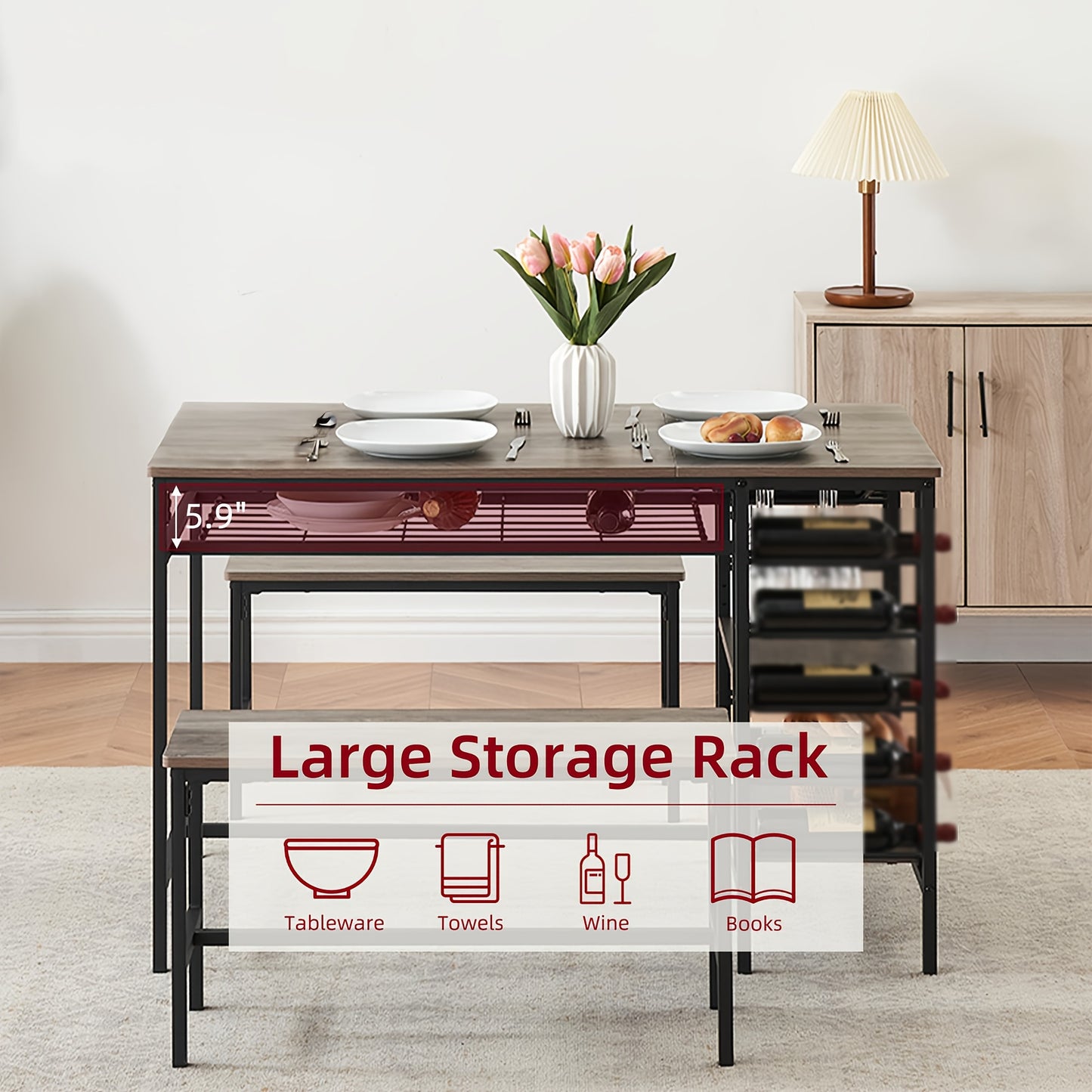 Eettafel Set 3-Delig – Keukentafel – Tafel Met Bank – Bistro Set – Kleine Eettafel – Compact Ontwerp – Hardhouten Blad & Wijnrek – Zwart Metalen Frame – Ruimtebesparend Voor Kleine Woonruimtes
