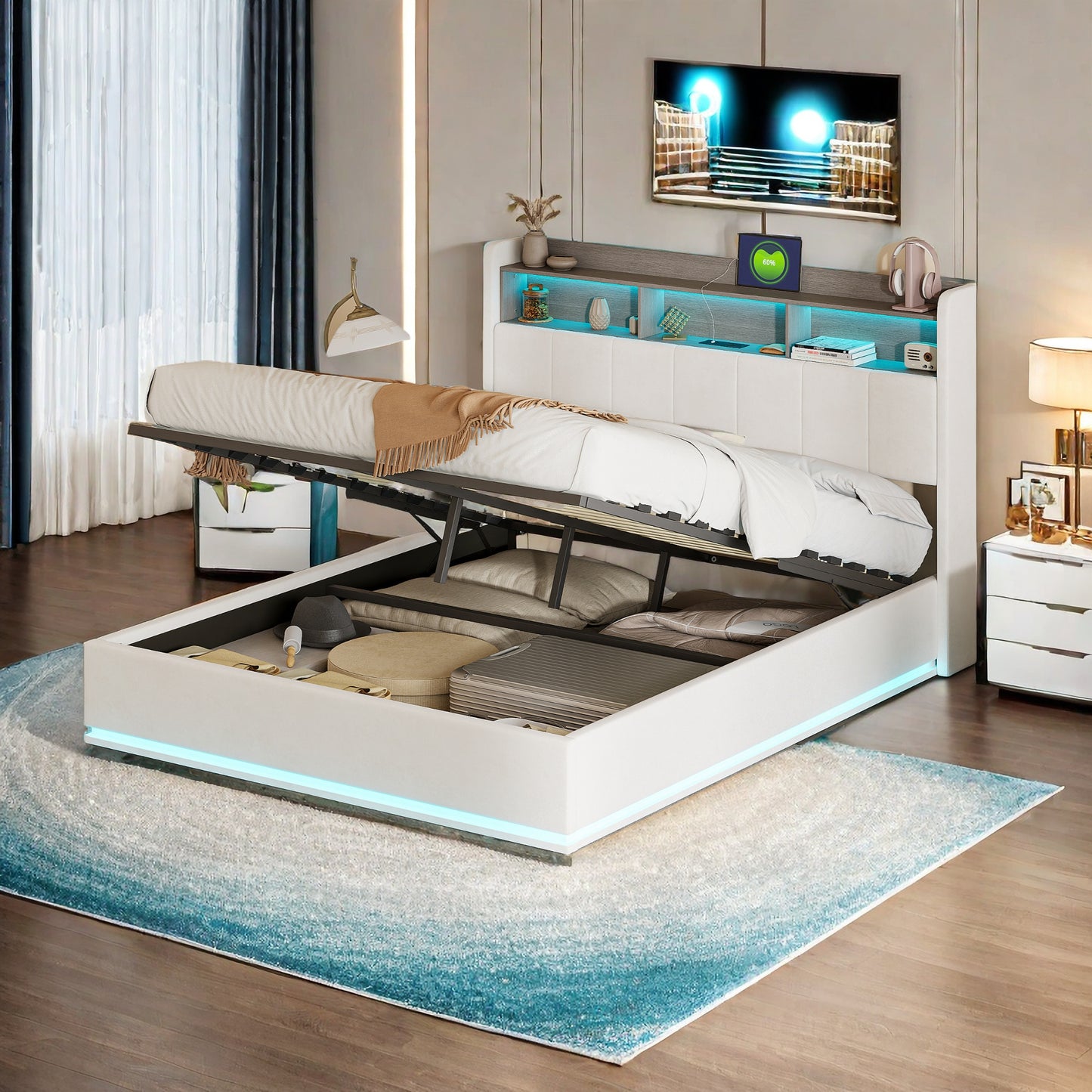 Bedframe Gestoffeerd Tweepersoonsbed – Tweepersoonsbed Opbergruimte – Slaapbank Ledikant – Bed Met Hoofdbord – 160x200 cm – Met LED-verlichting – Inclusief USB-poorten