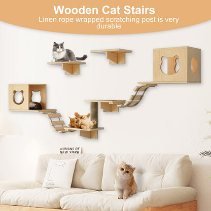 Klimwand Kat – Katten Klimmuur – Krabpaal – Kattenwand – Kattenmeubel – Super Groot 250 cm – 9-delige Set Met Kattenhuis, Krabplank en Hangbrug – Massief Hout en Duurzaam Materiaal